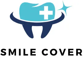 Logo mit einem blauen Zahn, einem weißen medizinischen Kreuz, Glitzer und den Worten „Smile Cover“ darunter.